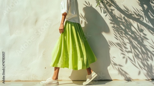 A person in a white shirt and a bright green midi skirt standing in front of a white wall with shadows of leaves cast on it. photo