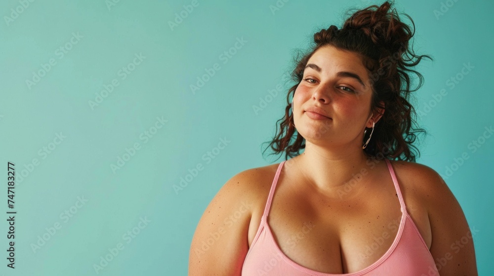 A young woman with curly hair wearing a pink tank top looking slightly to her left with a gentle smile against a light blue background. A young woman with curly hair wearing a pink tank top looking slightly to her left with a gentle smile against a light blue background.