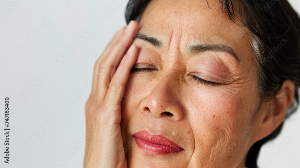 A woman with closed eyes pressing her hands against her temples showing a moment of deep thought or concern. A woman with closed eyes pressing her hands against her temples showing a moment of deep thought or concern.