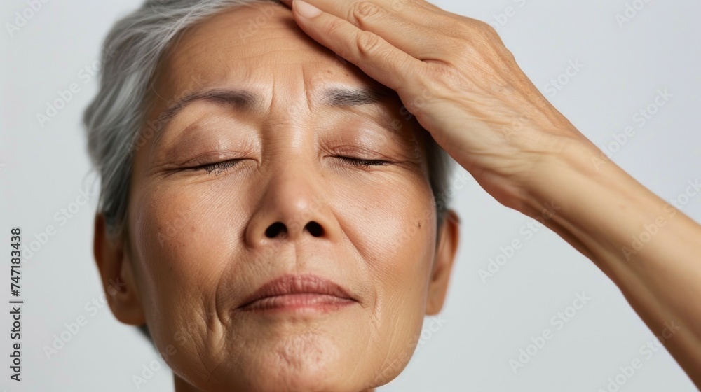 A serene elderly woman with closed eyes her head gently cradled by a hand evoking a sense of peace and tranquility. A serene elderly woman with closed eyes her head gently cradled by a hand evoking a sense of peace and tranquility.