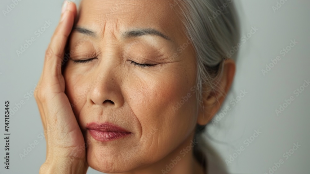 An elderly woman with closed eyes resting her head on her hand conveying a sense of contemplation or tiredness. An elderly woman with closed eyes resting her head on her hand conveying a sense of contemplation or tiredness.