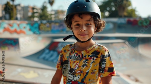 Young skateboarder with curly hair wearing a colorful graphic t-shirt and a black helmet standing in a vibrantly painted skate park with a smile on his face.