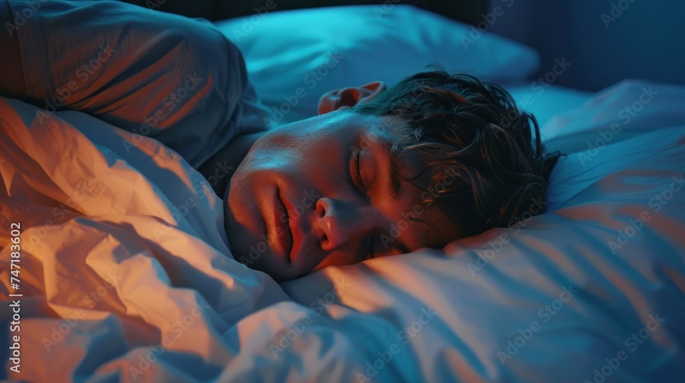 Young man with curly hair sleeping peacefully on a bed with white sheets and blue pillows bathed in soft light. Young man with curly hair sleeping peacefully on a bed with white sheets and blue pillows bathed in soft light.