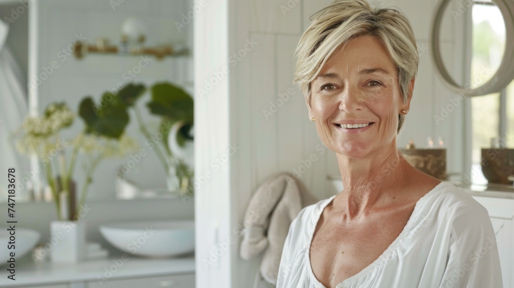 A woman with short blonde hair smiling standing in a modern bathroom with white fixtures and decor including a large mirror a vase with flowers and a potted plant. A woman with short blonde hair smiling standing in a modern bathroom with white fixtures and decor including a large mirror a vase with flowers and a potted plant.