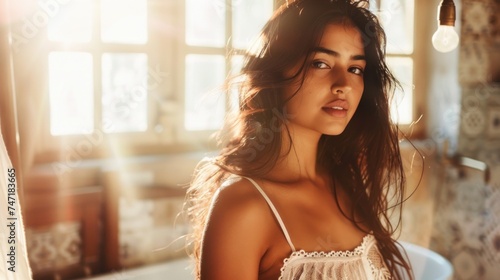 A woman with long hair wearing a white lace top standing in a room with sunlight streaming in through windows looking directly at the camera with a gentle expression.