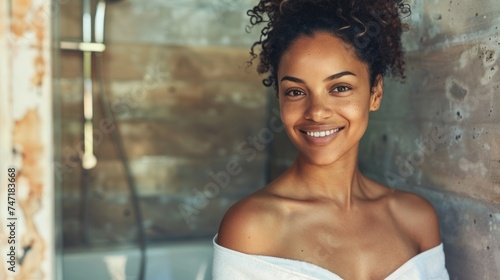 Free Download A woman with a radiant smile standing in a rustic bathroom wrapped in a white towel exuding warmth and joy. - GFXLoad
