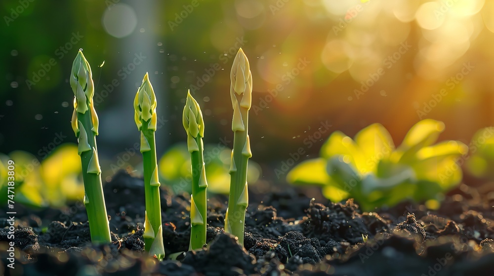 Asparagus seedlings that are rooted in natural daylight prosper in the daylight and space, Generative AI. - obrazy, fototapety, plakaty 