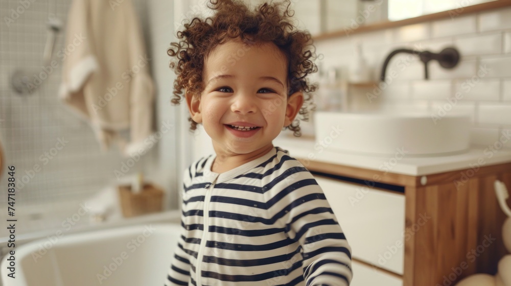 Young child with curly hair wearing striped pajamas smiling in a bathroom with a white tub and sink. Young child with curly hair wearing striped pajamas smiling in a bathroom with a white tub and sink.