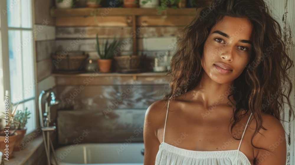A woman with curly hair wearing a white top standing in a rustic bathroom with a wooden bathtub and plants. A woman with curly hair wearing a white top standing in a rustic bathroom with a wooden bathtub and plants.