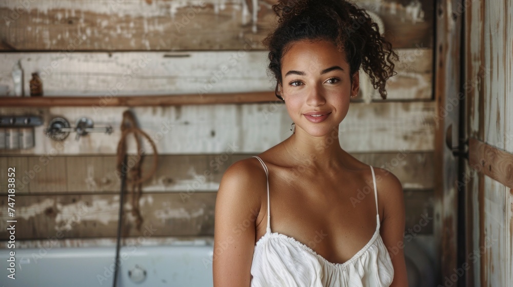 A young woman with curly hair wearing a white sleeveless top standing in a rustic bathroom with a wooden wall and a clawfoot bathtub. A young woman with curly hair wearing a white sleeveless top standing in a rustic bathroom with a wooden wall and a clawfoot bathtub.