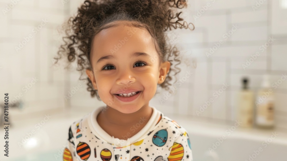 A young girl with curly hair smiling brightly standing in a bathroom with a white tiled wall and a bottle of soap in the background. A young girl with curly hair smiling brightly standing in a bathroom with a white tiled wall and a bottle of soap in the background.
