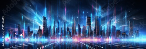 Neon lit futuristic cityscape vector illustration  perfect for technology concept banners.