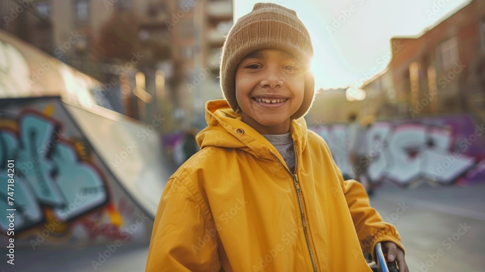 Young boy in yellow jacket and brown hat smiling at camera standing in front of graffiti-covered wall with blurred cityscape in background. Young boy in yellow jacket and brown hat smiling at camera standing in front of graffiti-covered wall with blurred cityscape in background.
