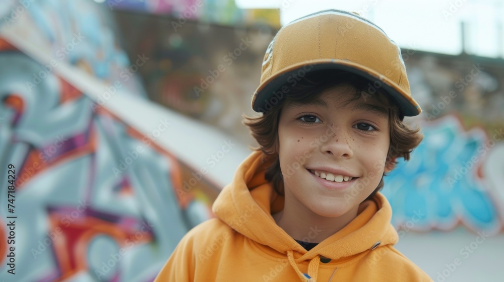 Young boy with curly hair wearing a baseball cap and an orange hoodie smiling at the camera in front of a colorful graffiti wall.