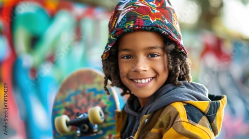 Young child with a vibrant smile wearing a colorful hat holding a skateboard with a colorful deck standing in front of a colorful mural.