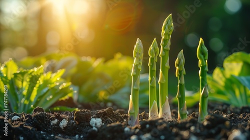 Asparagus seedlings that are rooted in natural daylight prosper in the daylight and space, Generative AI.