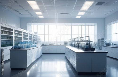 An empty laboratory with white cabinets and plenty of windows
