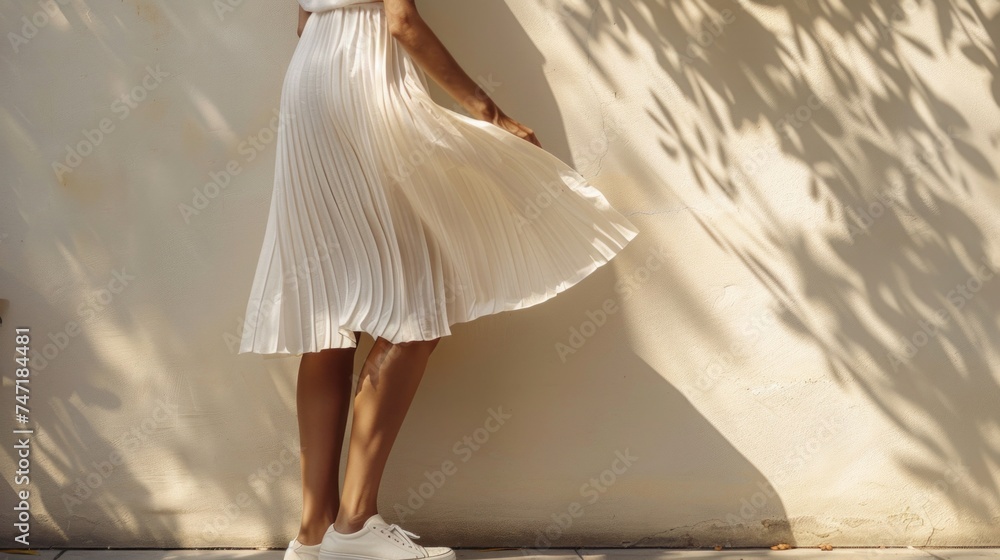 A woman in a white dress standing against a wall with sunlight casting shadows. A woman in a white dress standing against a wall with sunlight casting shadows.