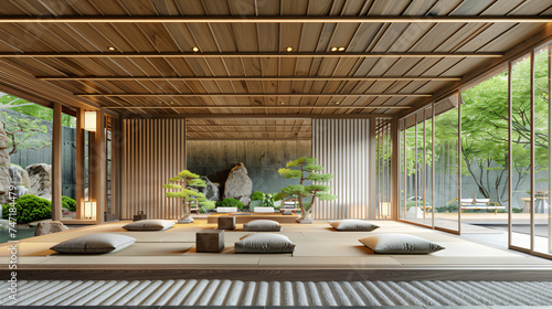 Empty wooden zen room interior japan style.3D re