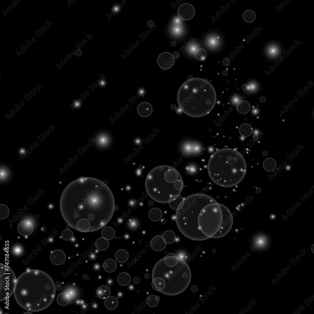 Glare bubbles with light, light effect with bubbles on black background vector