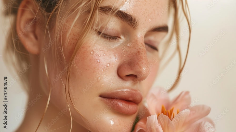 A woman with closed eyes dewy skin and freckles holding a pink flower close to her lips evoking a sense of tranquility and beauty.