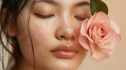 A close-up of a woman s face with closed eyes adorned with a single pink rose and her skin glistening with water droplets evoking a sense of tranquility and beauty.