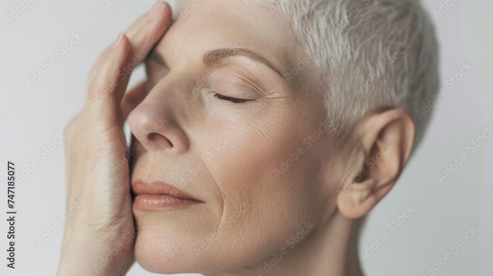 A close-up of a person with short white hair eyes closed and hand gently resting on their forehead conveying a sense of relaxation or contemplation. A close-up of a person with short white hair eyes closed and hand gently resting on their forehead conveying a sense of relaxation or contemplation.