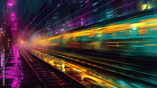 Vibrant Night Cityscape with Blurred Motion Lights: Urban Railway in Rain Perfect for Wall Art and Digital Content