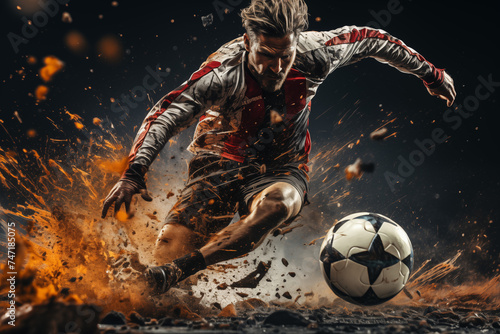 Konzept Action Fußball, Fußballspieler rennt dem Ball hinterher, Dynamische Bewegung, Schuss aufs Tor