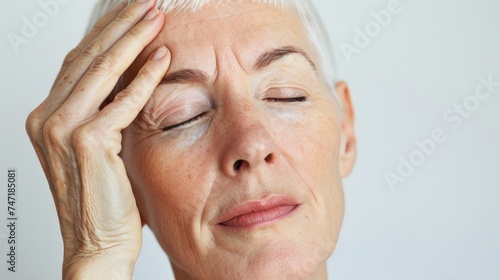 A woman with closed eyes holding her hand on her forehead appearing to be in deep thought or possibly experiencing discomfort.