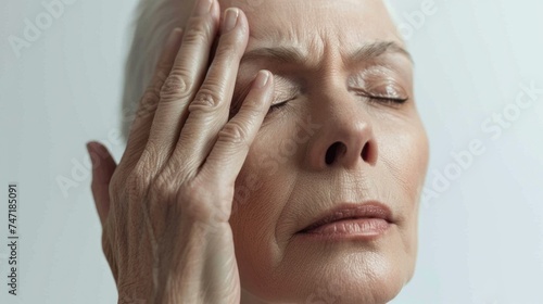 Woman with closed eyes hand on forehead showing deep wrinkles and a contemplative expression.