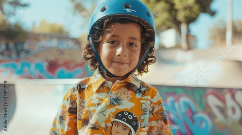 Young child wearing a blue helmet smiling with curly hair wearing a colorful floral shirt standing in front of a skate park with graffiti-covered walls.