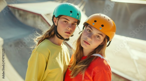 Two young girls wearing helmets one orange and one blue standing side by side on a skateboard ramp looking directly at the camera with serious expressions.