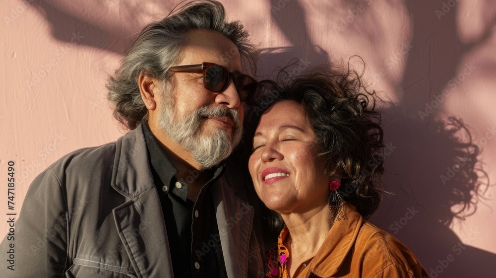 An elderly couple man with gray hair and sunglasses woman with curly hair and earrings sharing a tender moment leaning against a pink wall with shadows of trees. An elderly couple man with gray hair and sunglasses woman with curly hair and earrings sharing a tender moment leaning against a pink wall with shadows of trees.