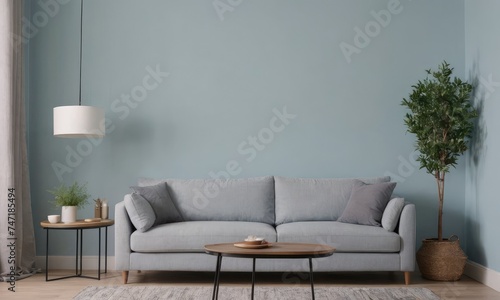 Stylish living room adorned with a grey wall, designer grey sofa, trendy furniture, plants, and chic accessories.