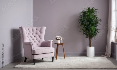Designer purple armchair, chic furnishings, plants, and elegant accessories create a stylish modern living room.Mock up.