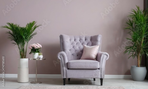 Stylish scandinavian living room interior with design purple armchair, plants, and purple wall. Home decor. Interior design.