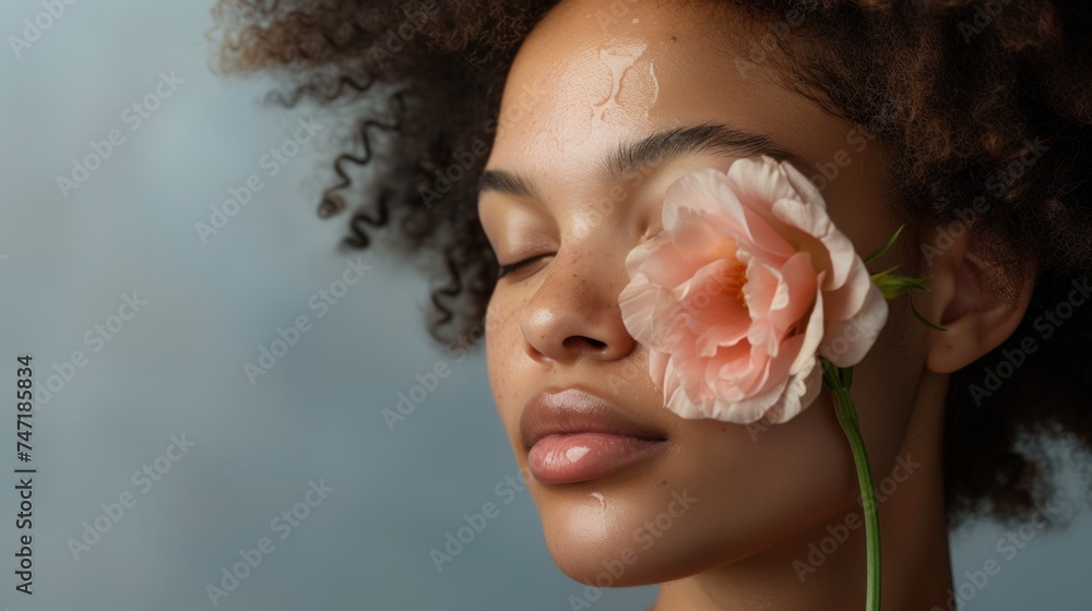 A serene portrait of a person with closed eyes adorned with a single pink flower resting on their eyelid set against a soft blue background. - obrazy, fototapety, plakaty 