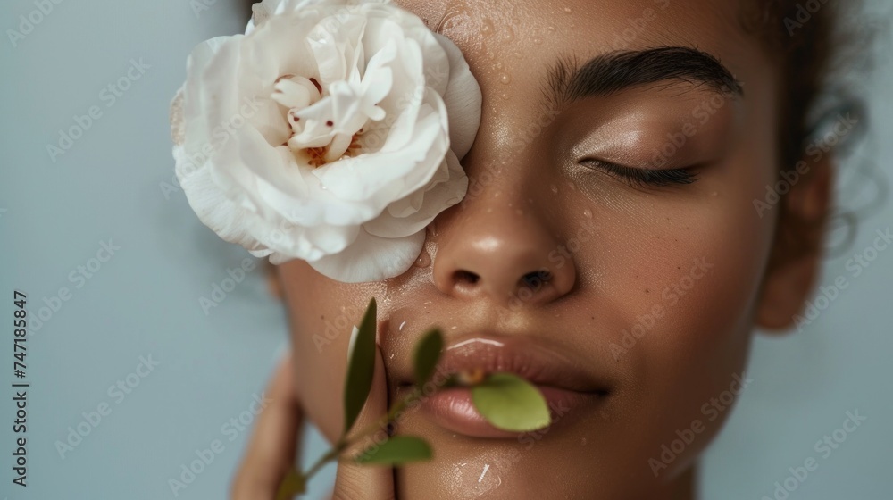 A woman with closed eyes wearing makeup with a white rose petal resting on her eyelid holding a green leafto her lips against a light blue background. - obrazy, fototapety, plakaty 