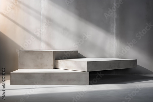 Grey bench placed in the center of a room, creating a podium or platform for presentations.