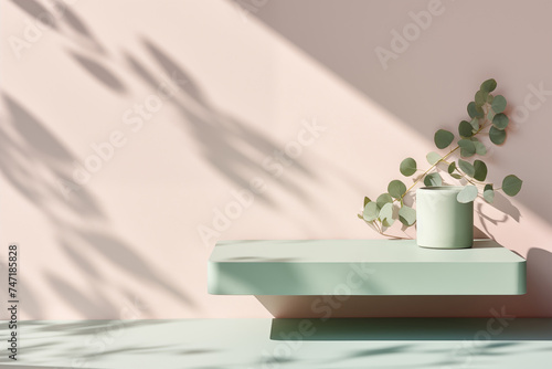 Empty concrete podium with eucalyptus and beautiful shadows. Platform for presentation for cosmetics and perfumes with daylight.