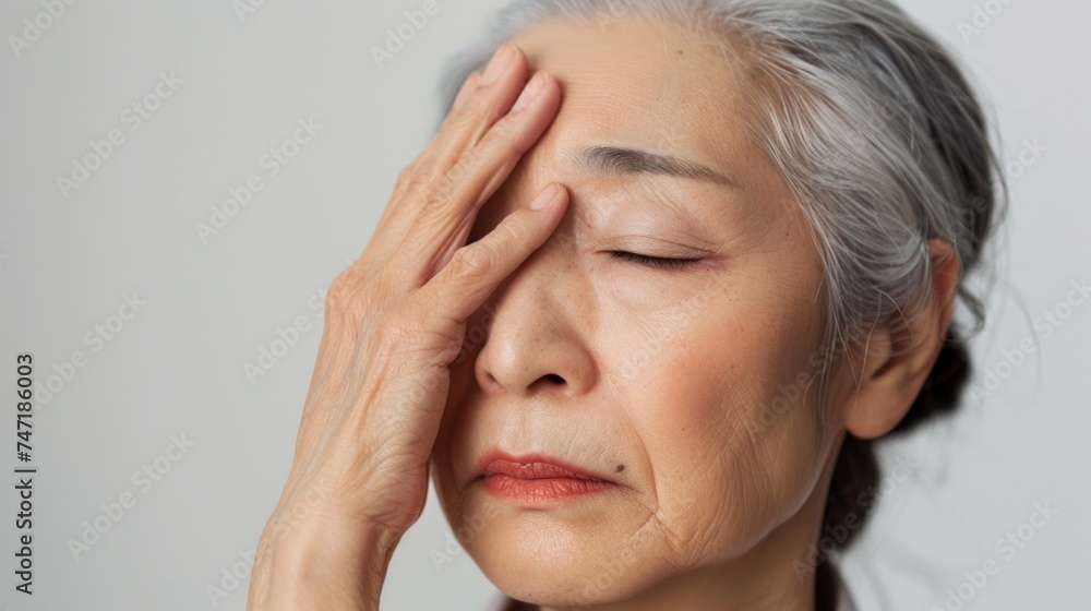 An elderly woman with closed eyes resting her hand on her forehead conveying a sense of concern or contemplation. An elderly woman with closed eyes resting her hand on her forehead conveying a sense of concern or contemplation.