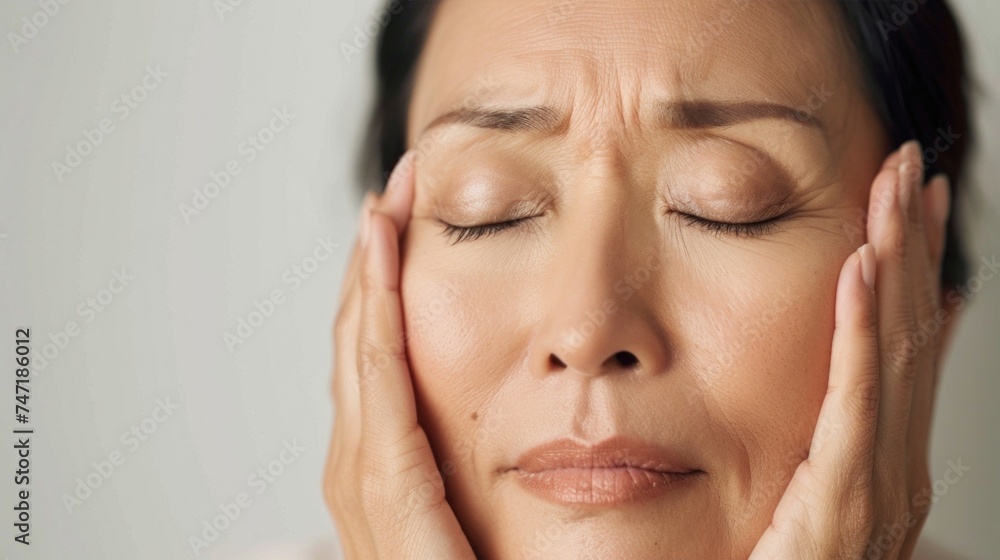 A woman with closed eyes pressing her hands against her face showing a sense of deep thought or concern. A woman with closed eyes pressing her hands against her face showing a sense of deep thought or concern.