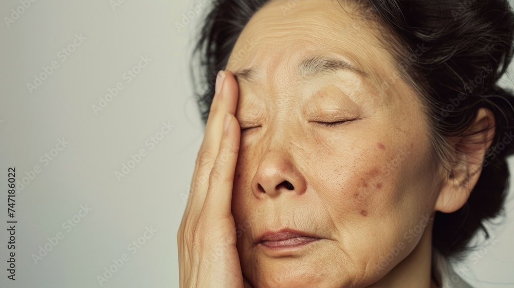 An elderly Asian woman with closed eyes resting her hand on her forehead displaying a sense of contemplation or fatigue. An elderly Asian woman with closed eyes resting her hand on her forehead displaying a sense of contemplation or fatigue.