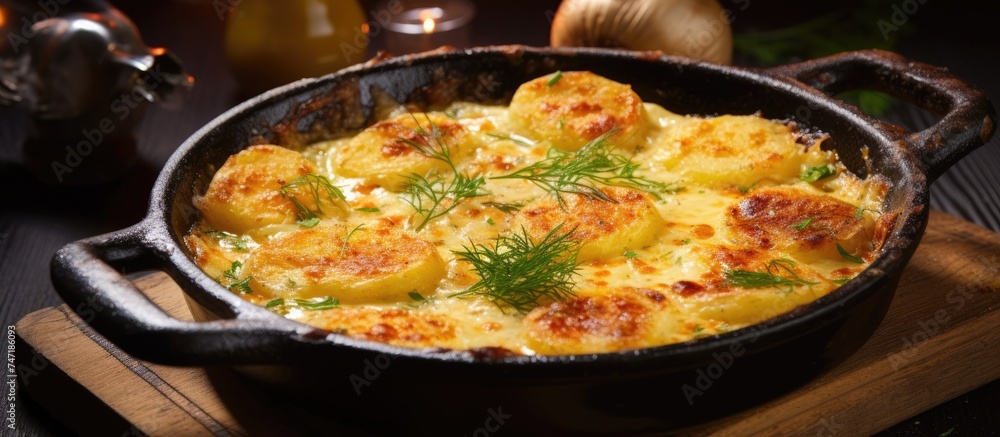 A cast iron skillet filled with a casserole dish showcasing potatoes cooked in creamy cheese gratin, topped with fresh parsley for garnish. The skillet sits on a table, ready to be served. A cast iron skillet filled with a casserole dish showcasing potatoes cooked in creamy cheese gratin, topped with fresh parsley for garnish. The skillet sits on a table, ready to be served.