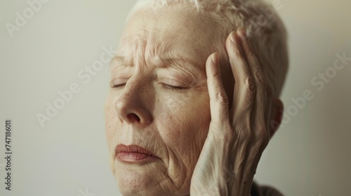 An elderly woman with closed eyes her hand gently resting on her forehead conveying a sense of contemplation or perhaps fatigue. photo