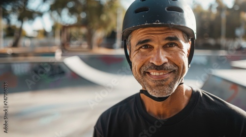 Smiling man in black helmet and t-shirt at skate park.