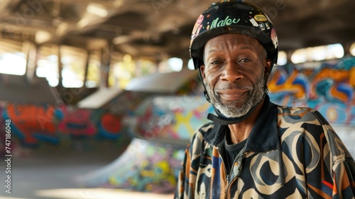 An elderly man with a beard and a colorful jacket wearing a helmet with stickers standing in front of a vibrantly painted skate park. photo