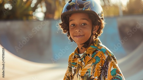 Young skateboarder with curly hair wearing a colorful shirt and a blue helmet smiling at the camera while standing on a skate ramp.