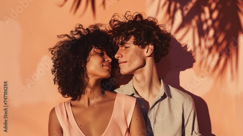 A couple sharing a tender moment their lips almost touching set against a warm orange-painted wall with palm tree shadows.